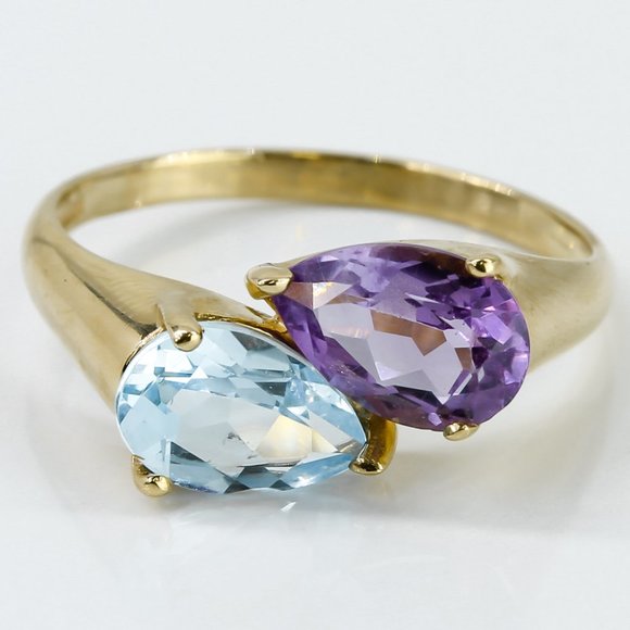 14k Yellow Gold Pear Purple Amethyst & Blue Simulated Topaz Anniversary Ring - Picture 1 of 4